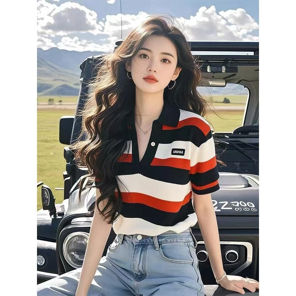 SS548条纹冰丝短袖t恤女2025新款夏polo领针织衫超好看独特上衣