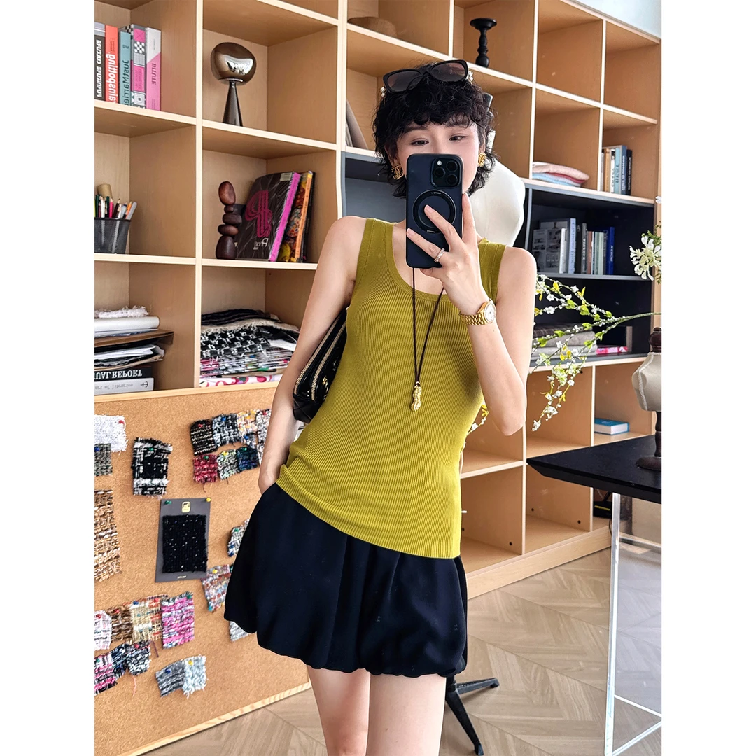玖着'至夏'精纺桑蚕丝进口兰精天丝显瘦超弹坑条U领针织背心