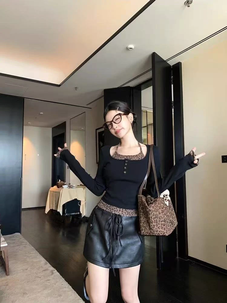 秋季辣妹性感纯欲风长袖上衣豹纹吊带拼接假两件大版T恤女180274