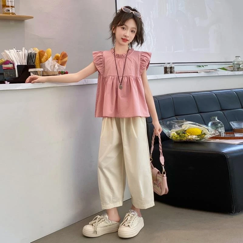 巴拉儿童女童夏季飞袖韩版休闲套装中大童初中生女孩时髦洋气儿童