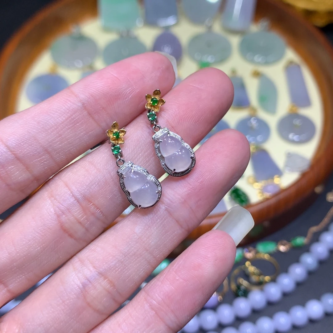 翡翠耳饰18K金镶嵌葫芦
