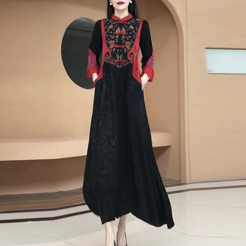 民族风长款连衣裙刺绣立领中式国风绣花长裙不规则A字裙大摆长裙