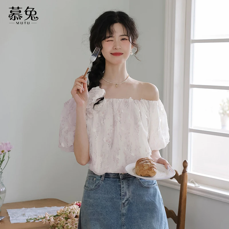 慕兔法式甜美风碎花短袖衬衫女2025夏季新款设计感小众一字肩上衣
