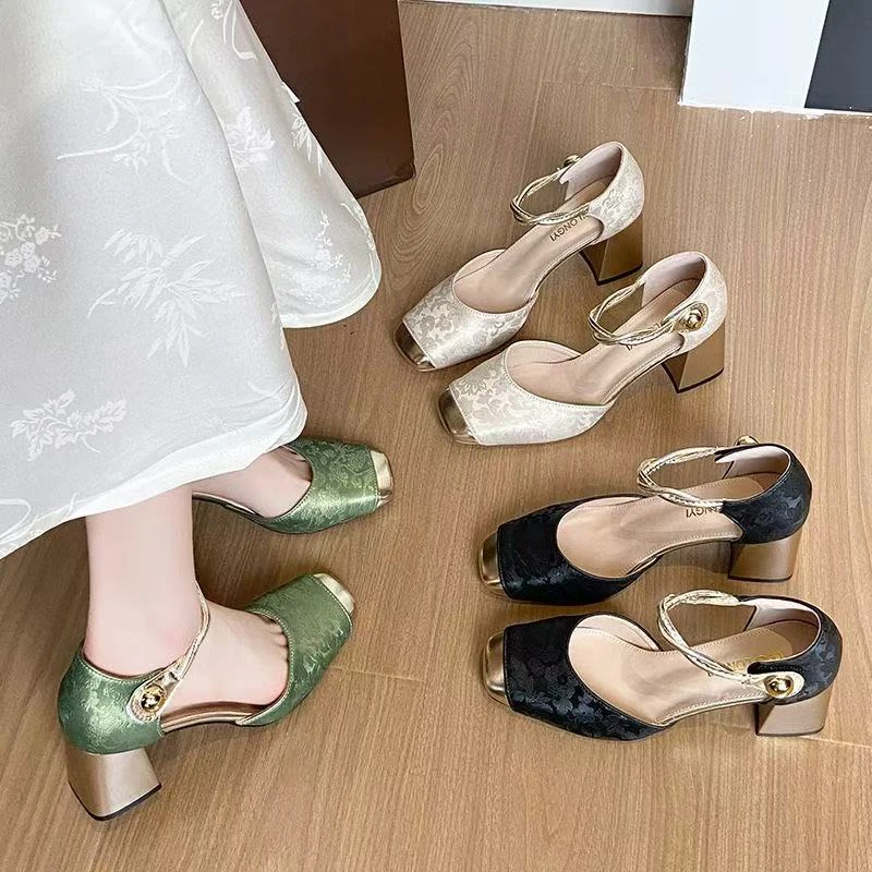 新中式仙女风跟鞋夏季玛丽珍方头中跟平底单鞋粗跟包头浅口