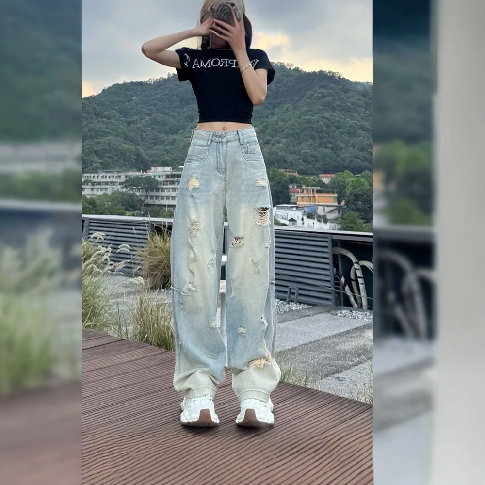 2025夏薄款大码女装宽松破洞阔腿牛仔裤高腰梨形身材显瘦拖地裤