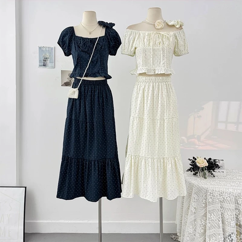 【夏季新款】法式一字肩波点泡泡袖衬衫收腰显瘦半身裙套装