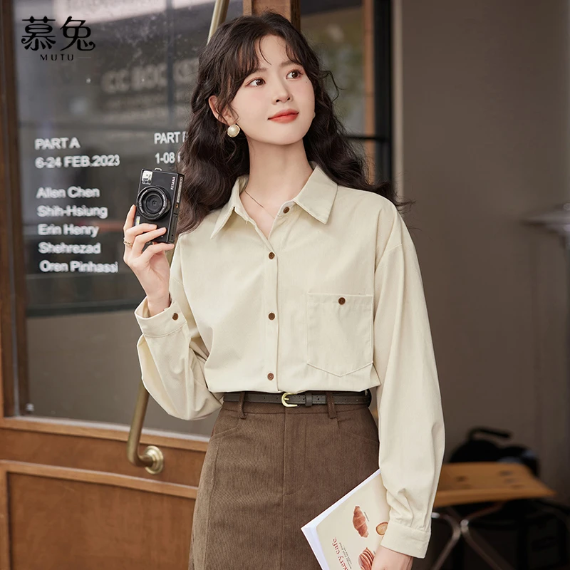 【正】慕兔复古港味小个子衬衫女2024秋宽松慵懒风气质休闲长袖上衣