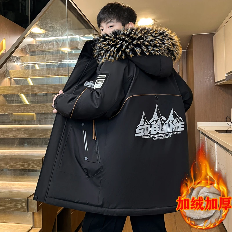 冬季新款韩版连帽棉衣毛内胆加绒加厚中长款棉服男士宽松字母保暖