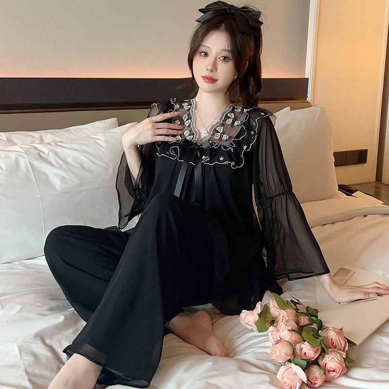 带胸垫睡衣女长袖春秋黑色网纱蕾丝性感花边公主高级感家居服套装
