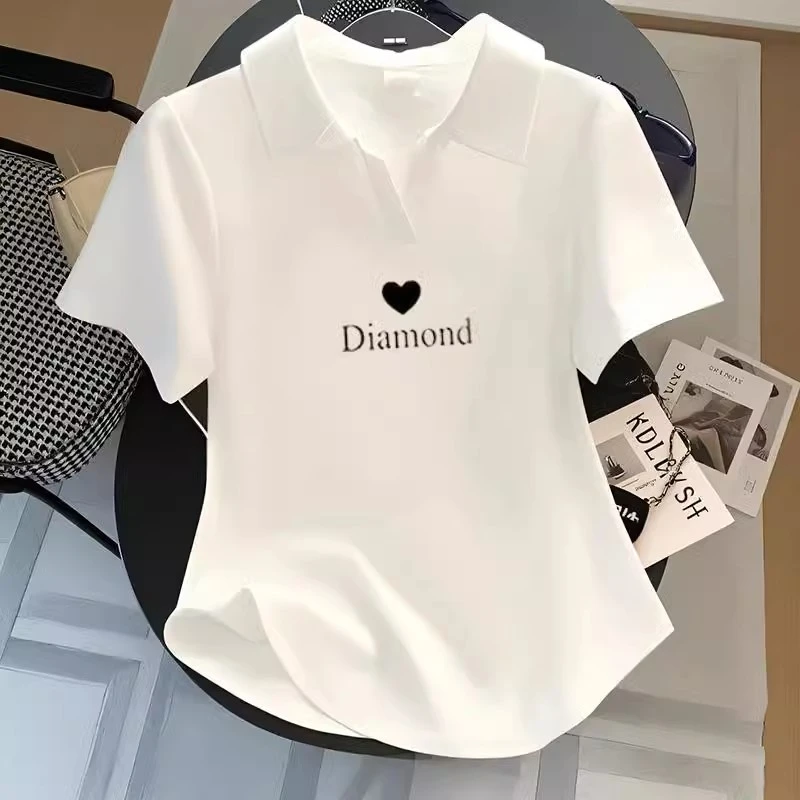 欧货POLO领白色短袖T恤女夏2025新款修身正肩百搭打底衫短款上衣