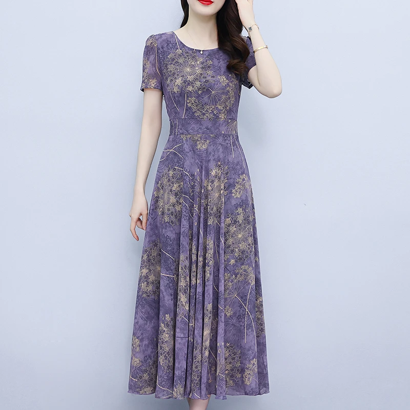 雪纺碎花连衣裙女装2024夏季新款大码气质妈妈收腰显瘦遮肚长裙子