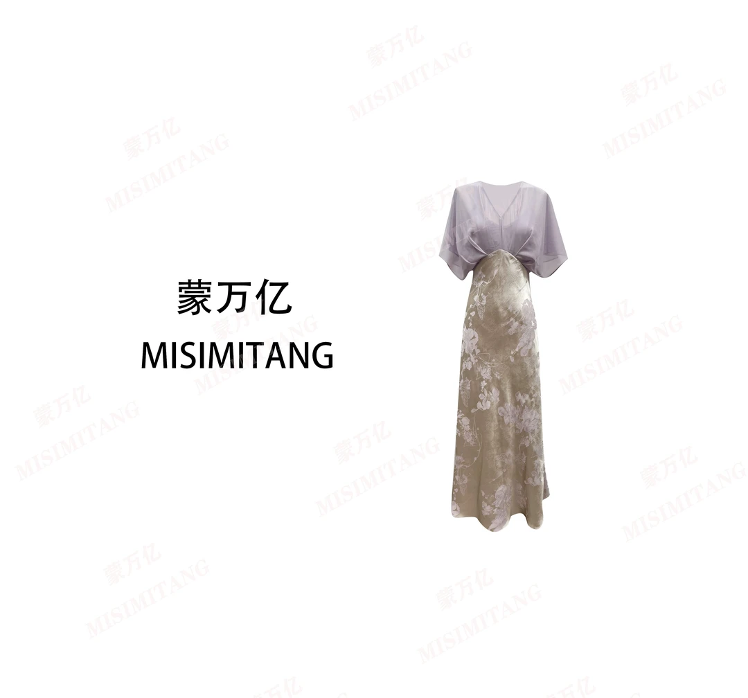 【山栀短袖】夏新款法式紫色拼接花卉长款长袖女装时尚显瘦轻奢气质