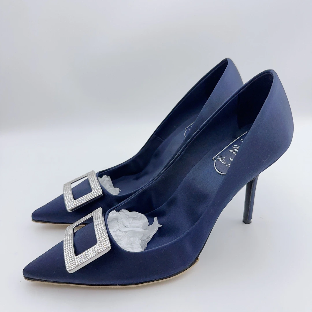 95新 Roger Vivier/罗杰·维威耶 38码蓝色缎面水钻高跟鞋/01633