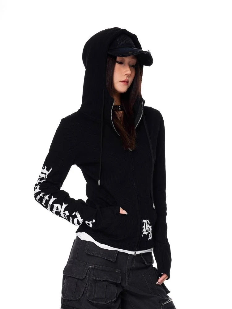 美式复古字母印花连帽卫衣女早秋新款修身显瘦拉链袋鼠兜长袖上衣