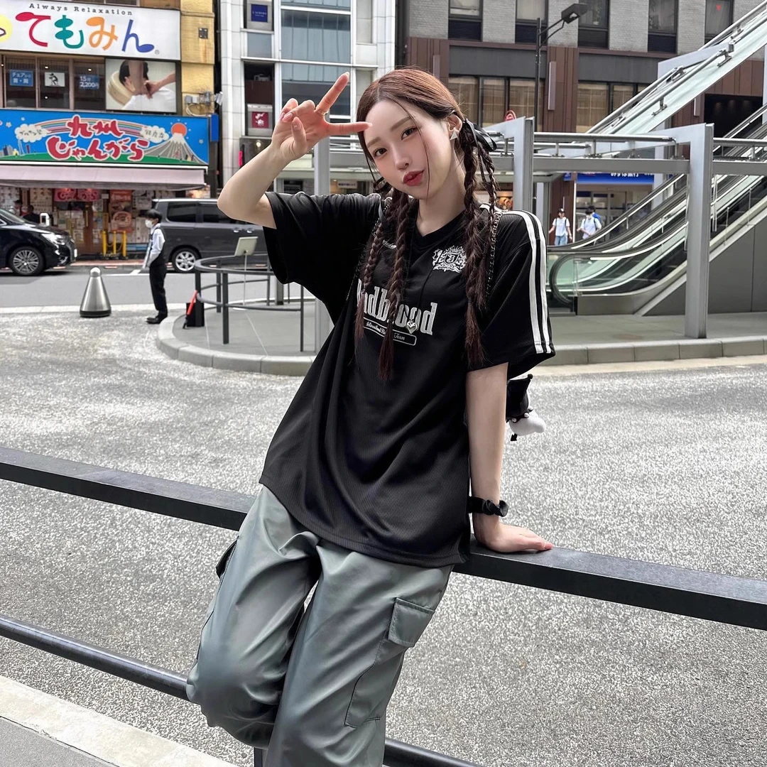 2025夏季新款美式辣妹复古贴布刺绣球衣球服宽松短袖T恤男女