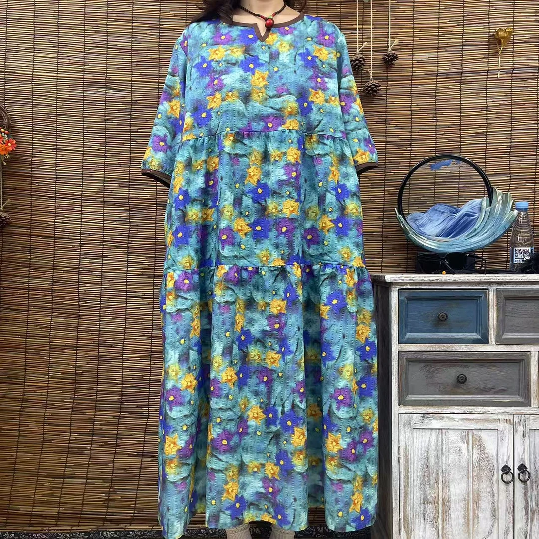 6178新款优雅显瘦小V领兰底黄花蛋糕裙长款大摆连衣裙时尚