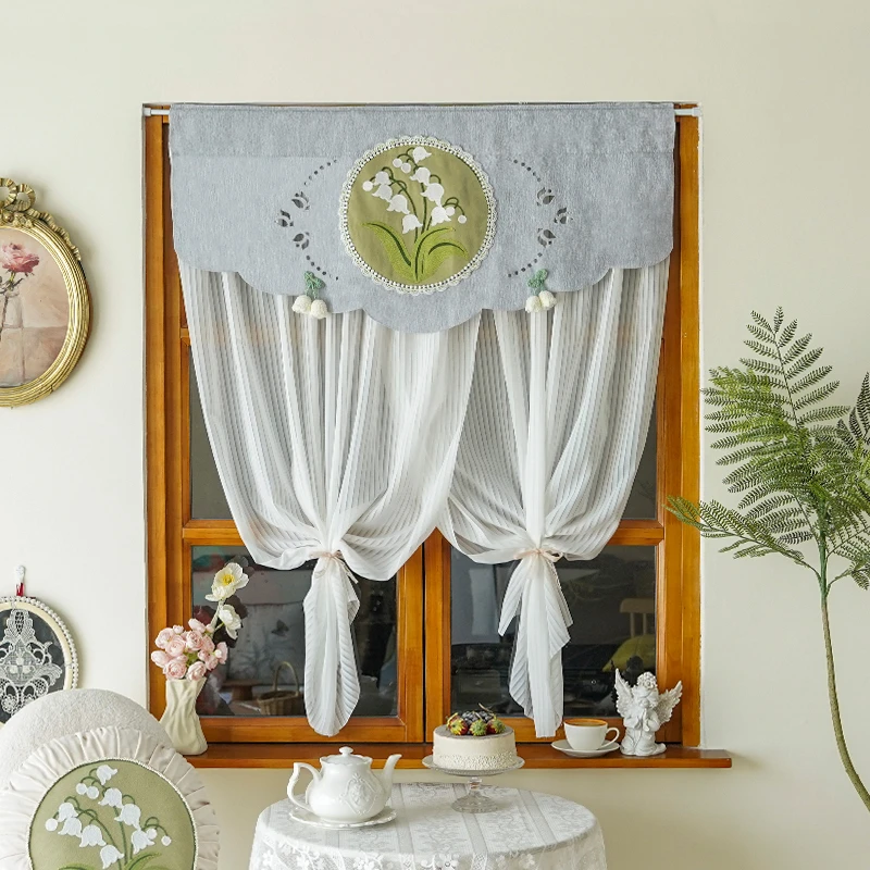 法式卧室窗帘免打孔轻奢门帘厨房飘窗隔断纱帘半帘刺绣奶油风半帘