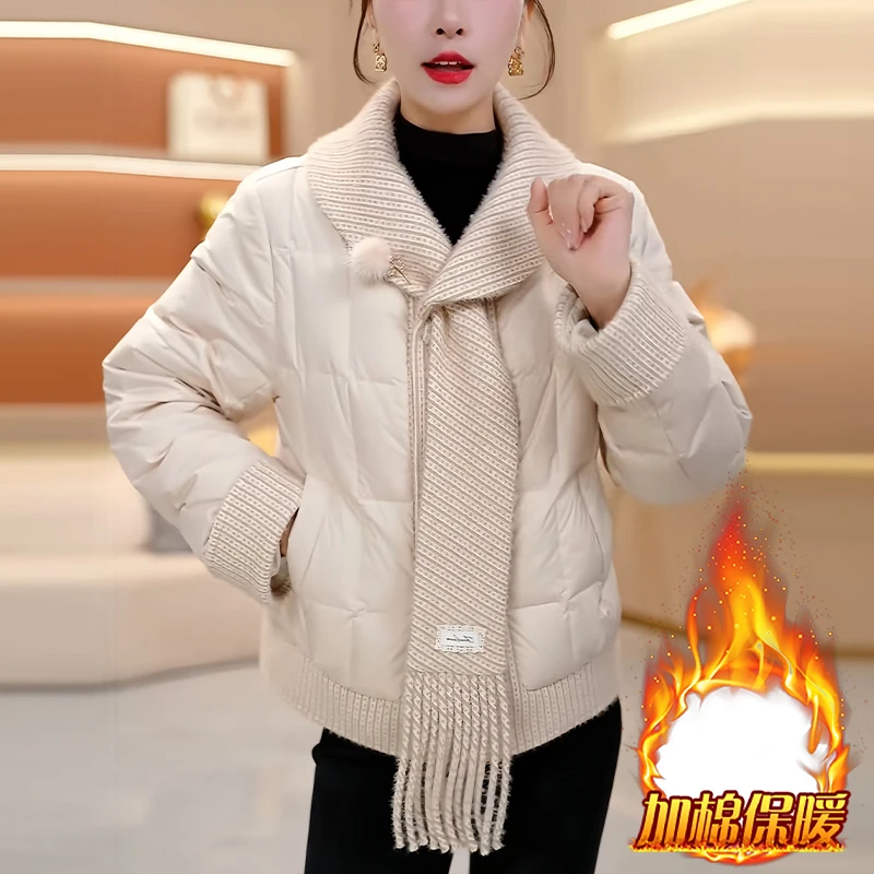 小个子宽松洋气休闲棉服女2025冬季新款加厚保暖设计感围巾领棉衣