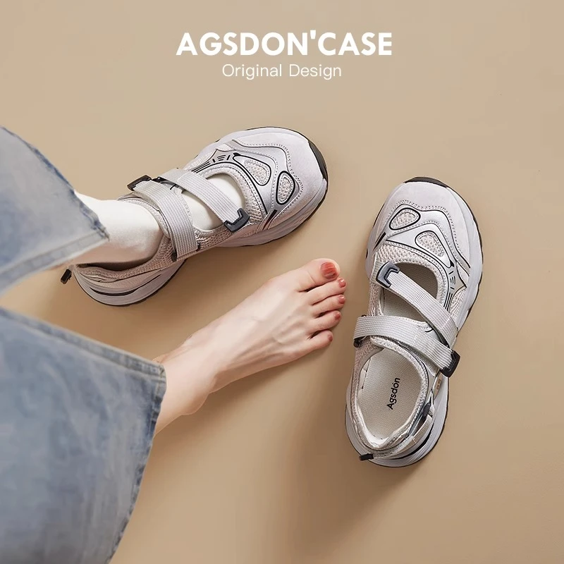 奥古狮登包头运动凉鞋女2025新款夏季薄款镂空透气银色老爹鞋H