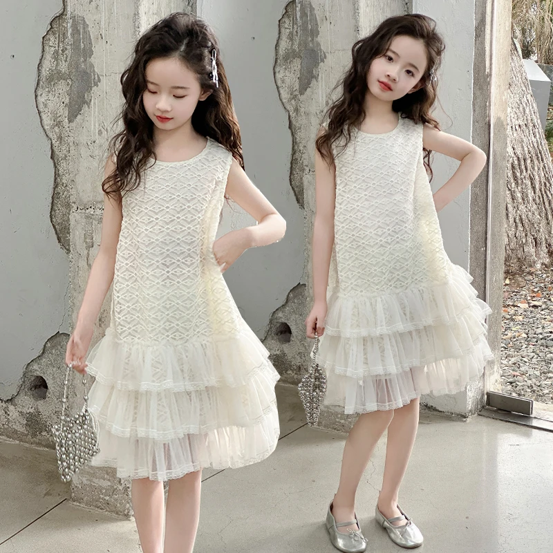 女童连衣裙新款中大童蕾丝无袖洋气儿童网纱公主裙小女孩裙子夏季