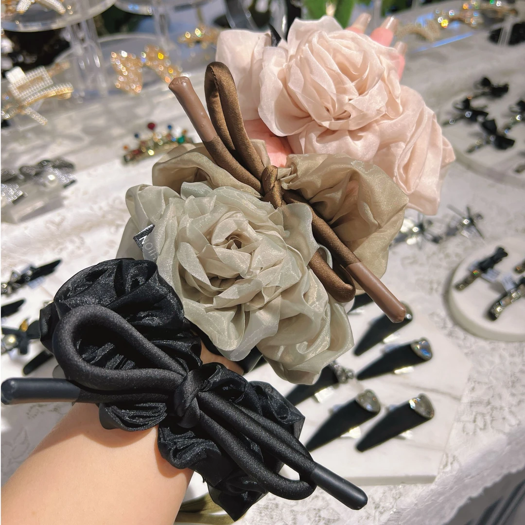 新款大肠发圈花朵蝴蝶结头饰皮筋纱质款创意百搭扎头发发绳