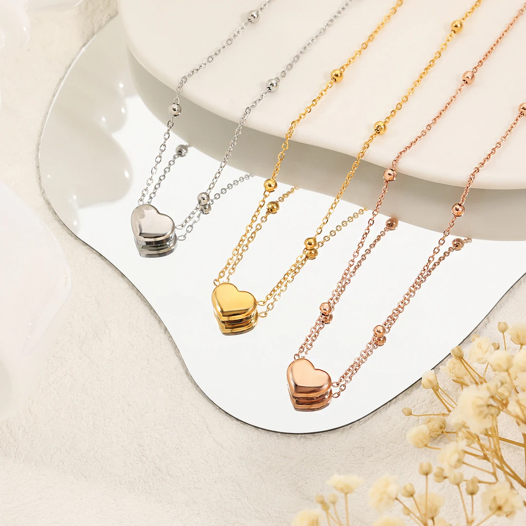 钛钢项链 钛钢韩式风小众轻奢爱心夹珠项链女时尚个性气质间珠