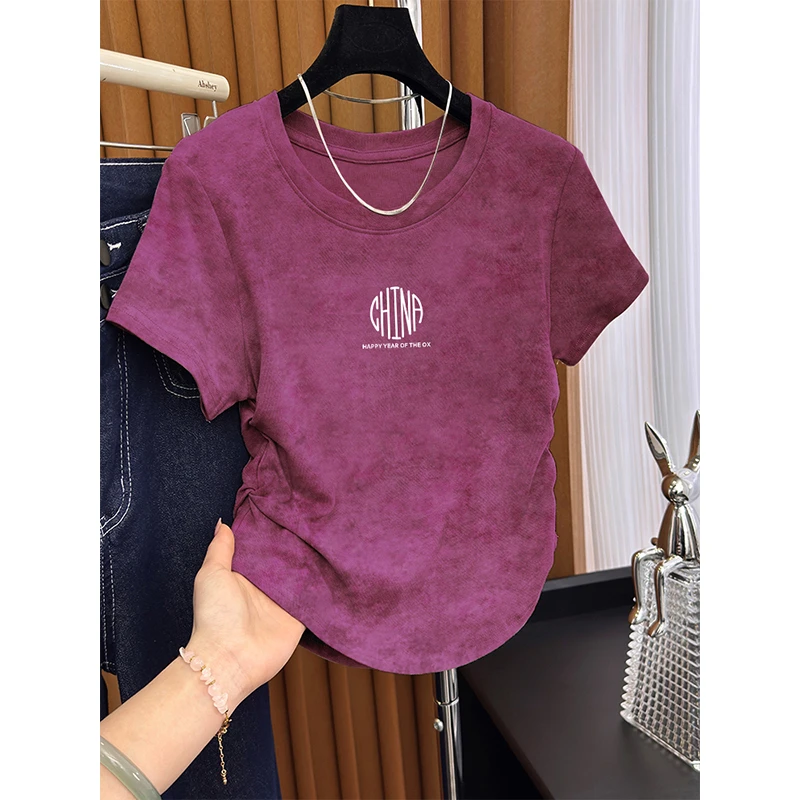 美式复古扎染正肩圆领短袖T恤女夏季新款褶皱收腰修身辣妹小上衣