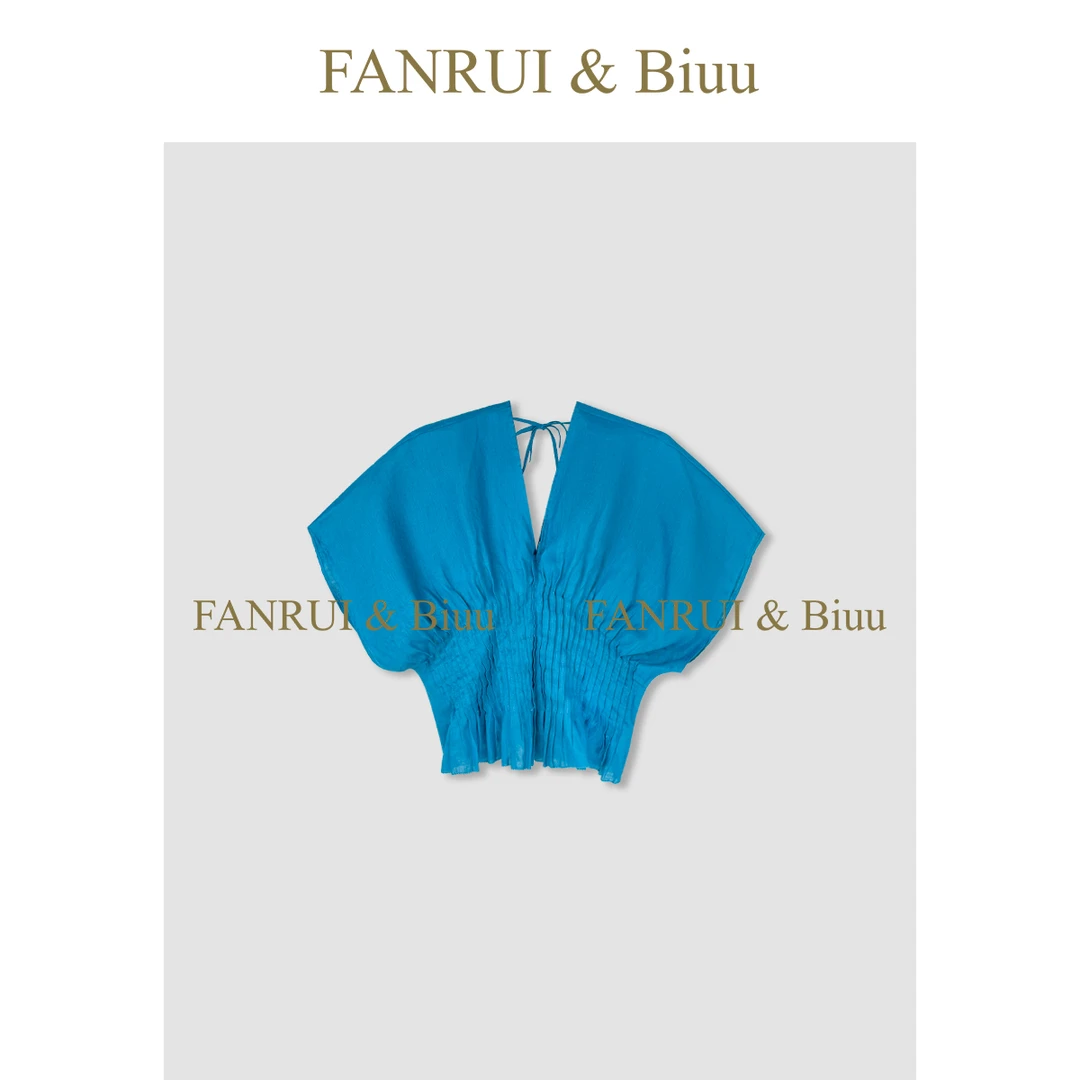 FANRUI/泛芮「曼姿」亚麻舒适不扎肤褶皱收腰设计感短袖T恤女B16602