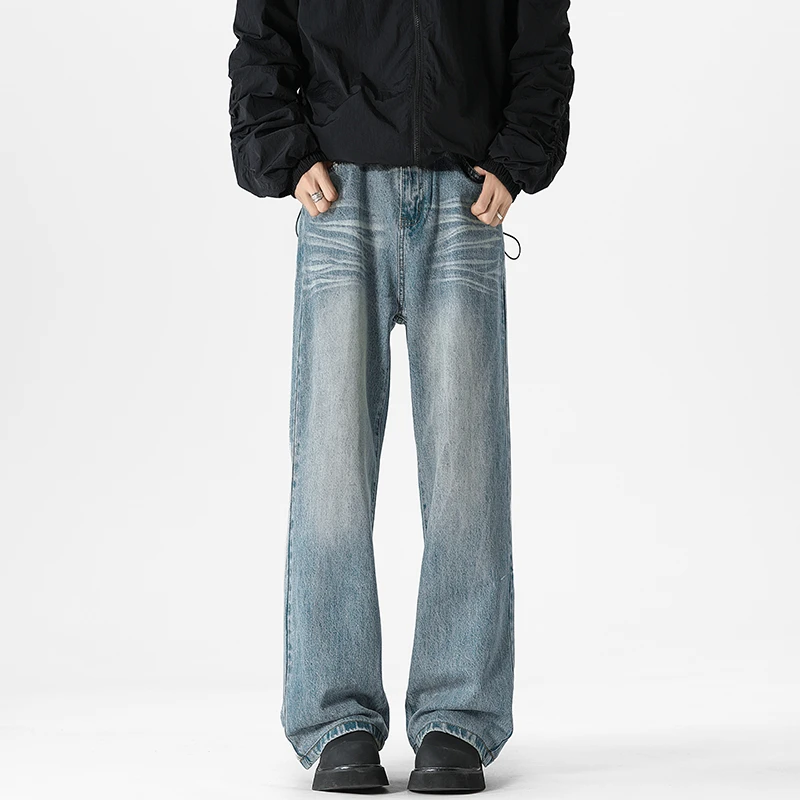 水洗穿搭微喇弯刀长裤直筒牛仔裤男生复古宽松裤子男生弯刀裤男