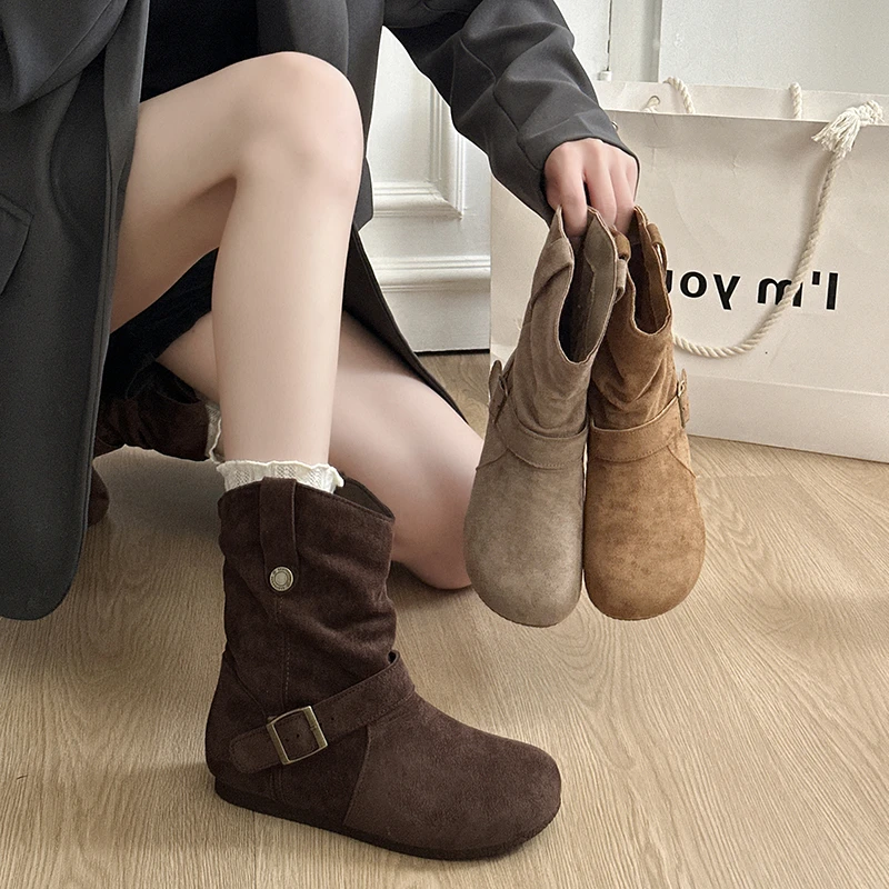 复古皮带扣朋克风勃肯平底中筒内增高韩版百搭冬季靴子长筒3327