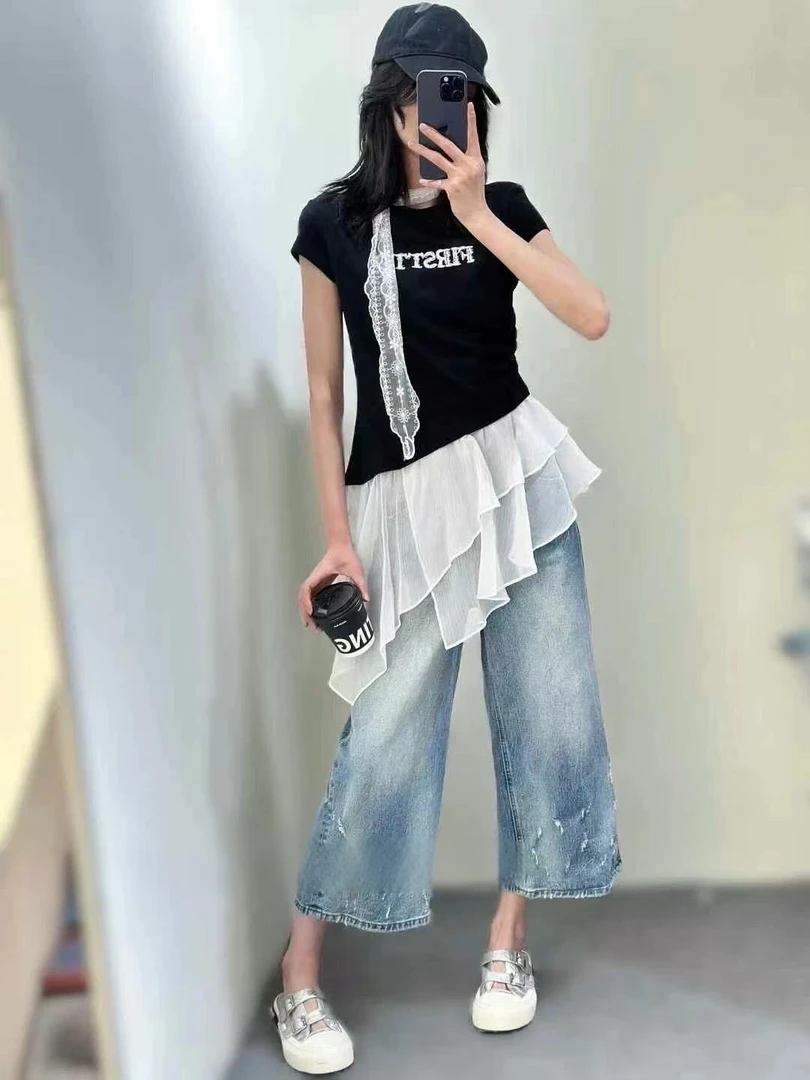 长款设计师修身型短袖拼接圆领休闲T恤百搭