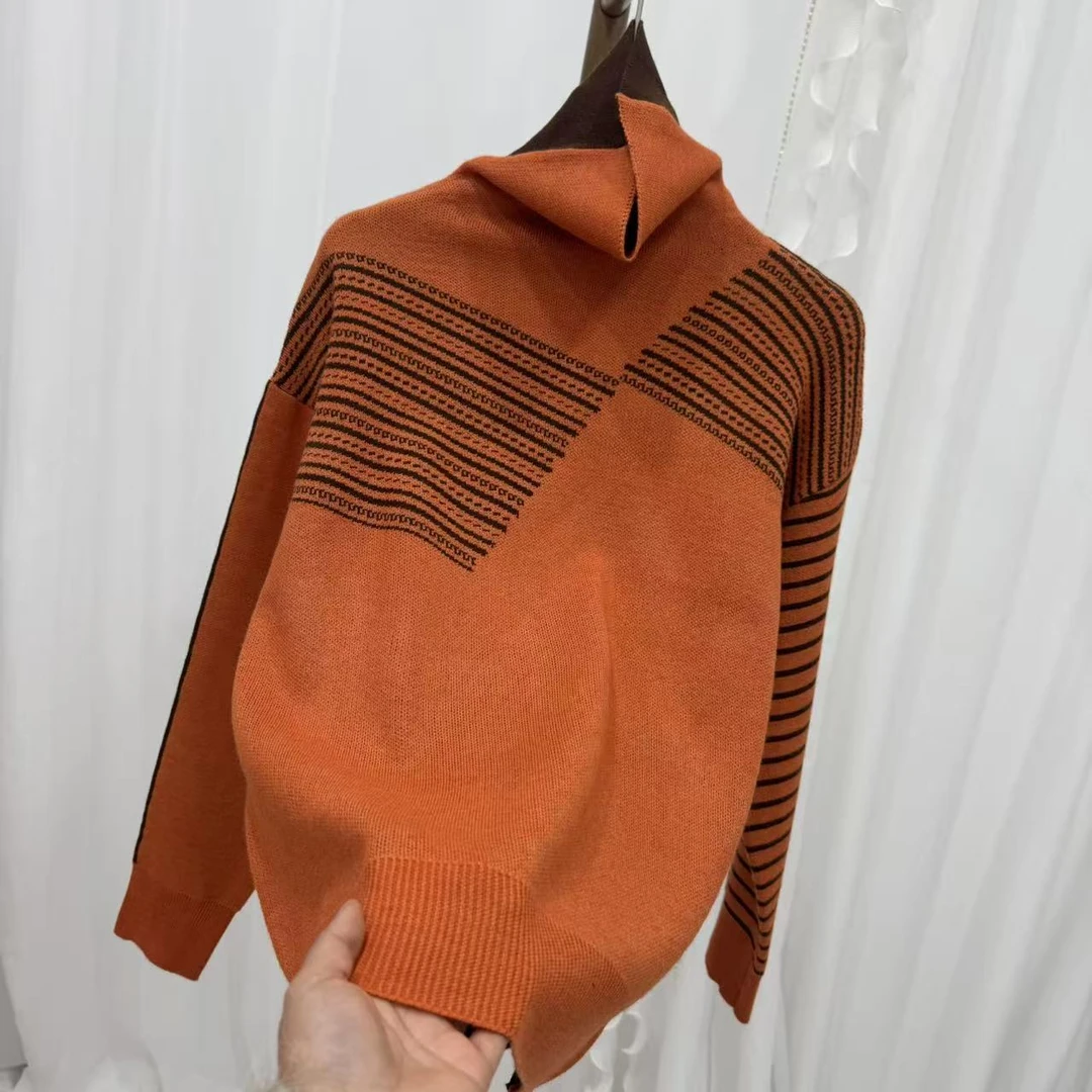 【橙咖斜方块堆堆领】时尚百搭休闲针织衫