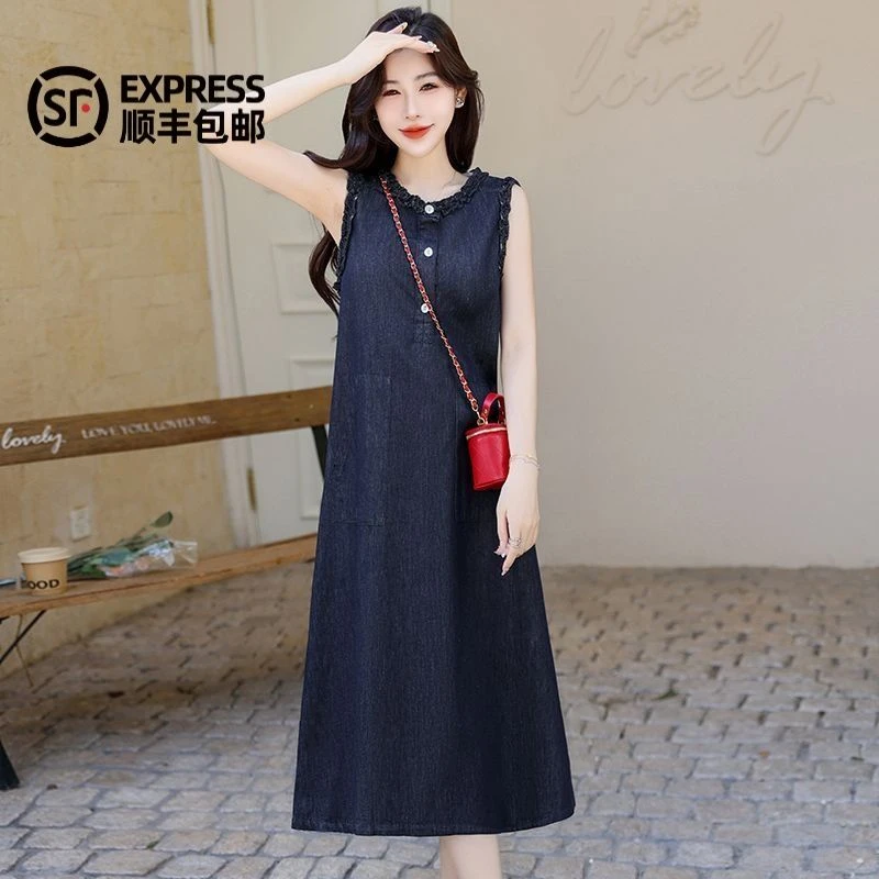 2025年夏季新款无袖牛仔连衣裙蕾丝拼接领宽松中长款裙子女装