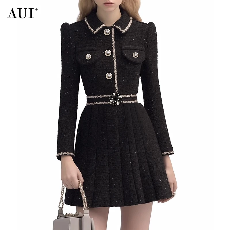 【媛媛女王专享】AUI黑色气质设计感小香风收腰连衣裙-24W015171