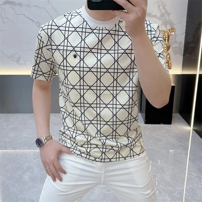 2025新品欧货轻奢高品质短袖T恤男印花时尚休闲百搭格子半袖上衣