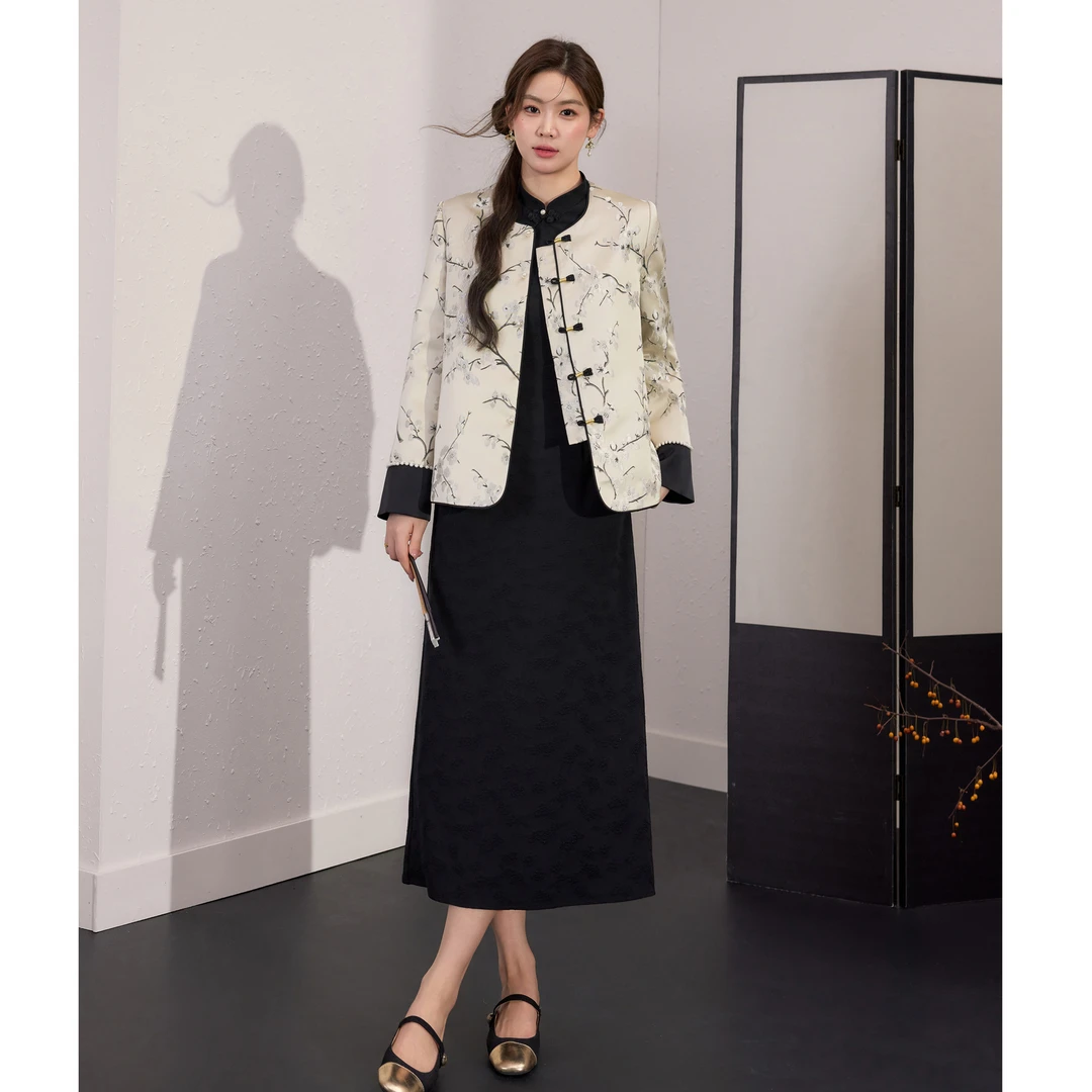 蓝语大码女装新中式改良旗袍连衣裙国风绣花外套2025秋季穿搭套装