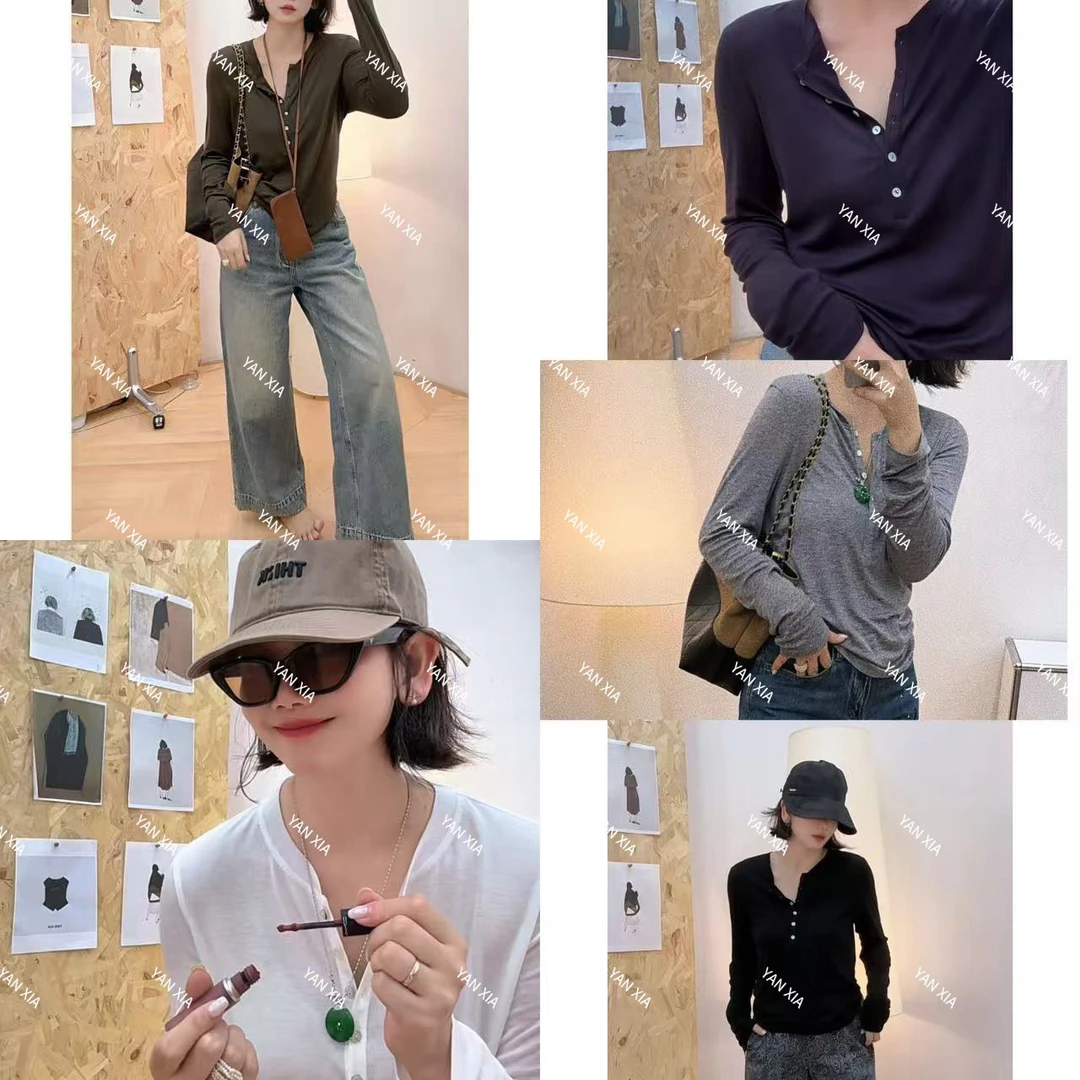 "云感T“ 绵羊毛+莱赛尔长袖T 女士亨利领多扣长袖T恤 W-629