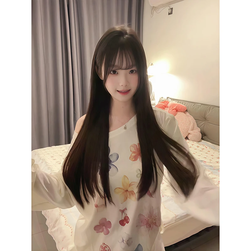 美式复古辣妹正肩长袖T恤女秋季穿搭彩色纯棉露肩打底衫显瘦上衣