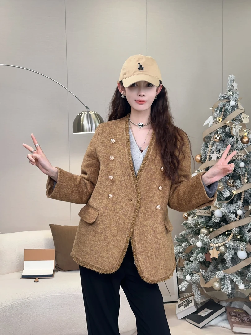 D&QSTUDIO西装V领拉毛气质冬季呢大衣YC871高贵气质大衣毛呢