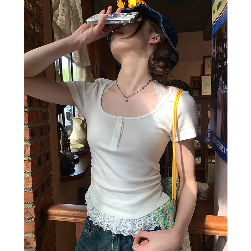 翰代维蕾丝拼接挂脖系带短袖T恤女夏季修身显瘦纯欲风百搭上衣ins