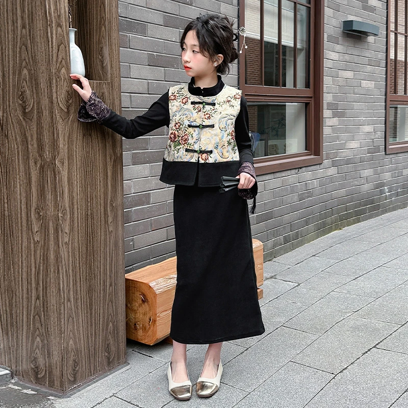 女童新中式套装2025春秋新款女孩中国风长裙三件套女大童复古童装