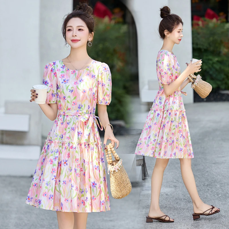 法式气质印花连衣裙女2025夏季新款洋气减龄时尚小个子中长款裙子