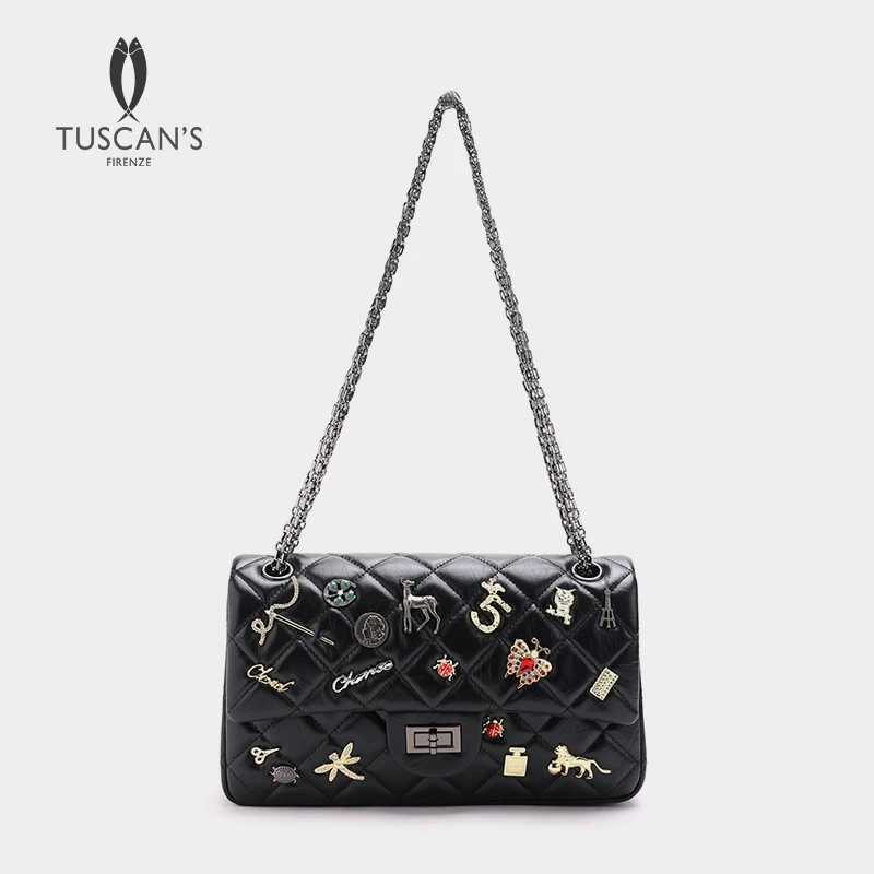 TUSCAN'S真皮牛皮小香风动物配饰菱格女士单肩包黑色气质斜挎包