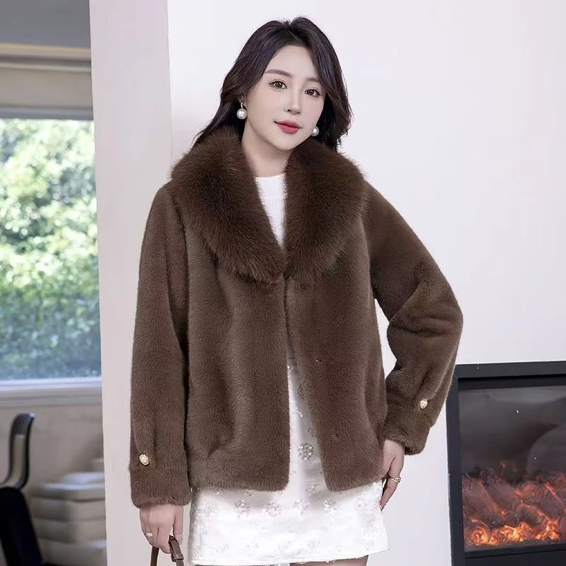 6101皮草外套女短款仿水貂绒皮毛一体中老年妈妈款毛领上衣秋冬季