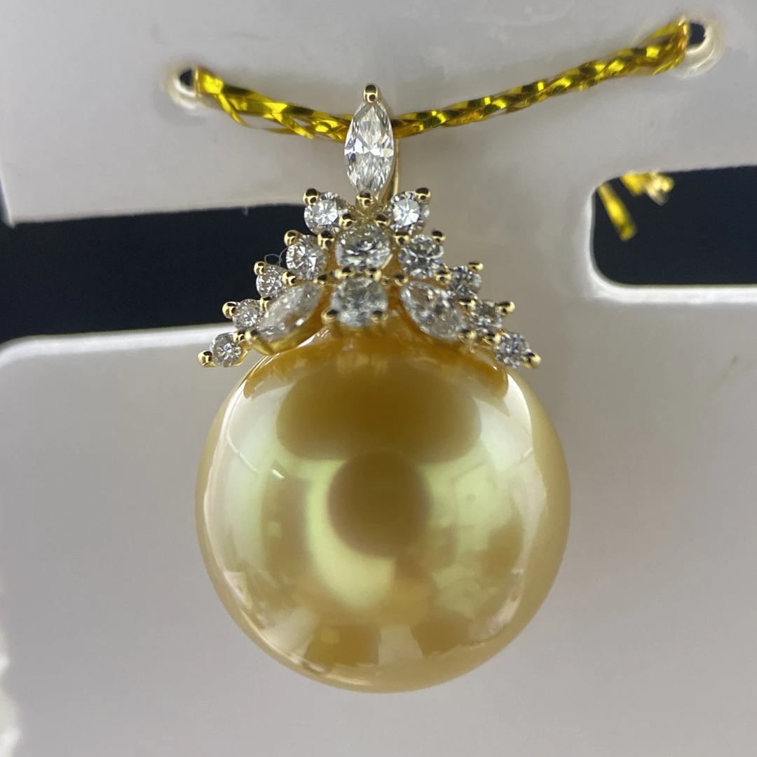 菲律宾南洋金珠吊坠13.5mm浓茶金正圆无暇极强光18K金真钻豪华款