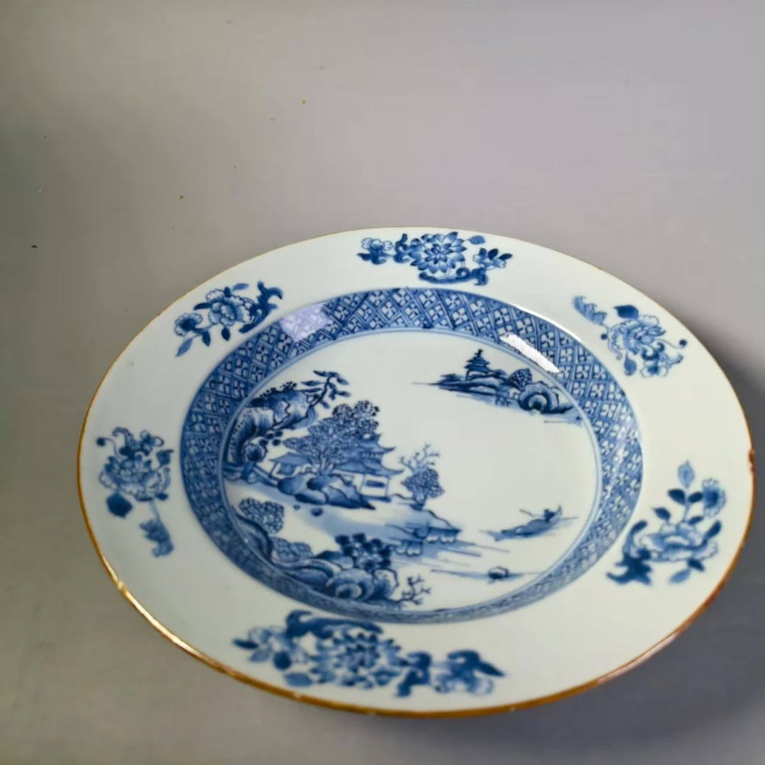 SCS32375康熙青花山水楼阁图纹深腹折沿盘