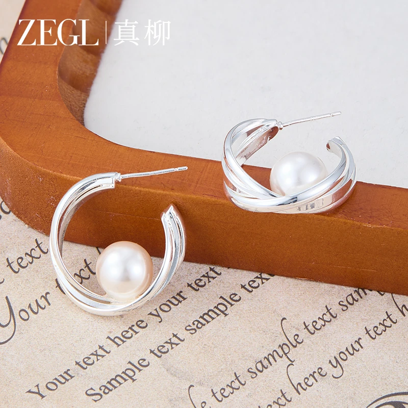 ZEGL 镀K金【去野】银色C圈珍珠耳环轻奢时尚百搭优雅高级感