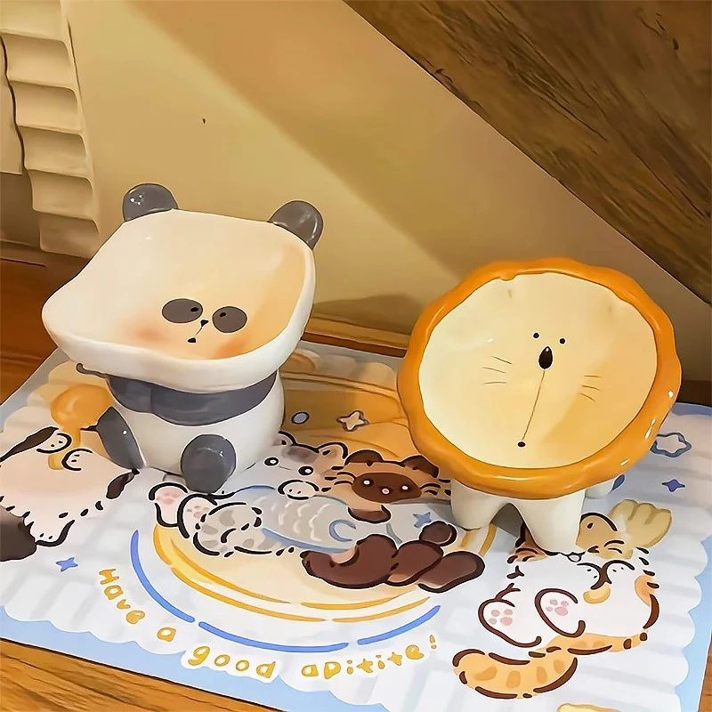 可爱卡通猫碗陶瓷斜口猫食盆防打翻保护颈椎狗饭碗狗盆宠物喝水碗