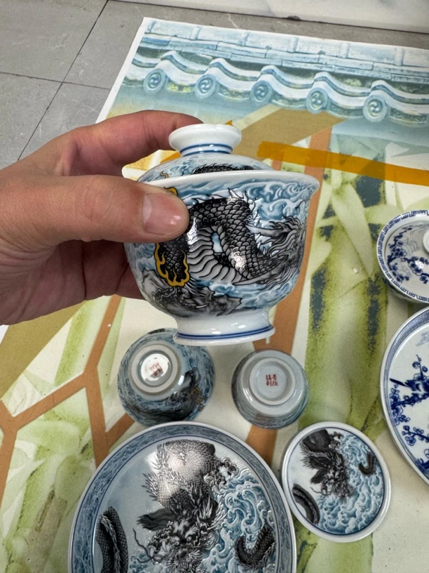 景德镇墨龙游海二才元宝盖碗