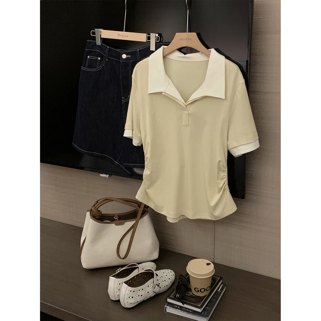 大婉酱微胖定制复古莱赛尔polo领短袖t恤女夏季通勤百搭上衣9425D